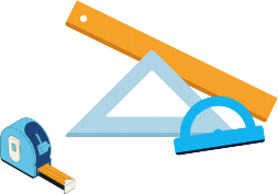 measuring tools: tape measure, ruler, triangle and protractor